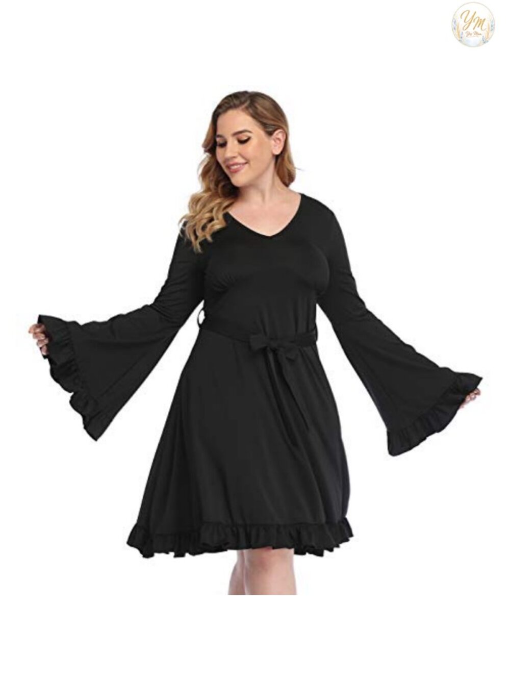 Plus Size Bell Sleeve A-Line Dress V-Neck Witchy Hippie
